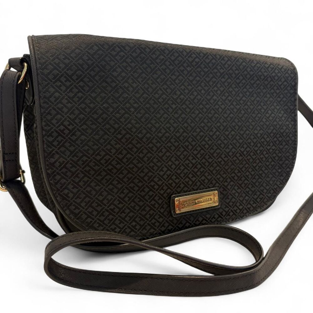 Tommy Hilfiger Black Monogram Crossbody Bag Gold Plaque